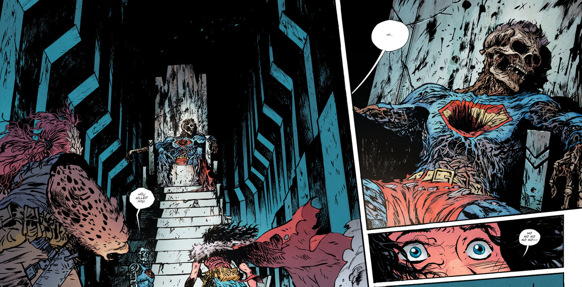 Wonder Woman si avvicina al cadavere mummificato di Superman nella Fortezza della solitudine e recupera i suoi ricordi sepolti di averlo ucciso, in Wonder Woman: Dead Earth # 3, DC Comics (2020).