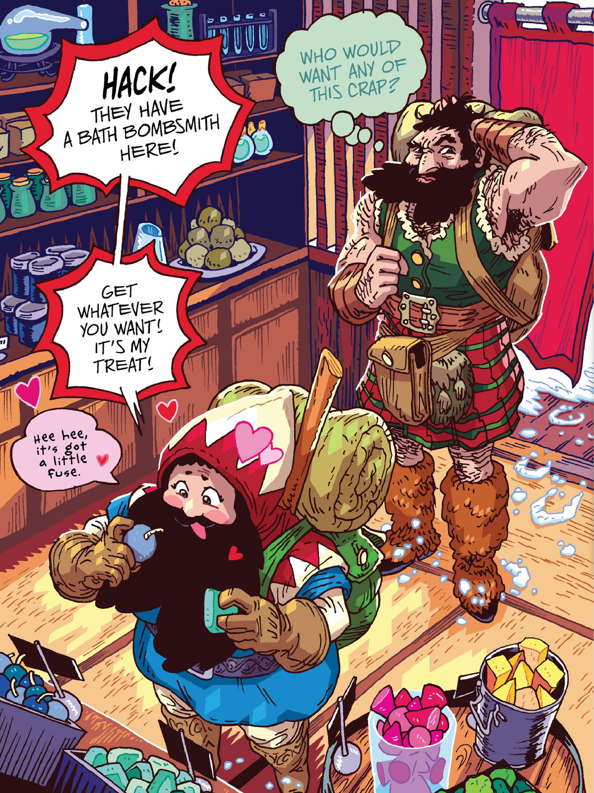 Lei Nana sgorga sul display di saponi e bombe da bagno in un bagno, esclamando alla sua amica Hack Battler, “Hack! Qui hanno un bombsmith da bagno! ” in The Savage Beard of She Dwarf, Oni Press (2020).