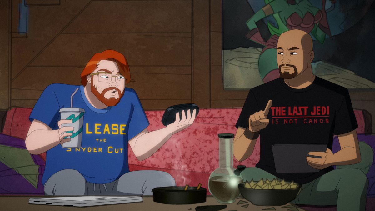 Un paio di ragazzi in pantaloni della tuta e magliette che dicono