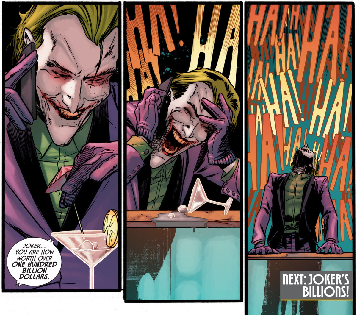 Il Joker ride e ride mentre un uomo gli dice che ora vale più di cento miliardi di dollari, in Batman # 93, DC Comics (2020).