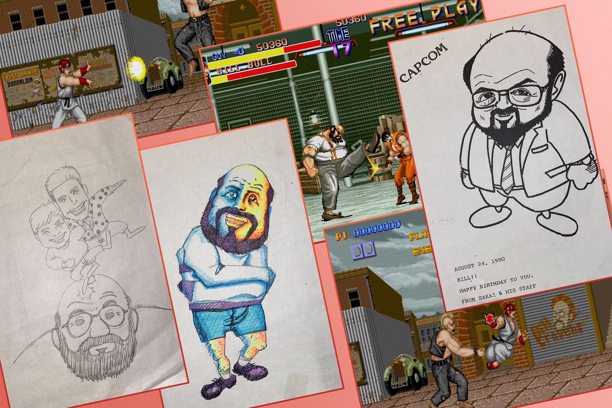 Griglia grafica con schermi del videogioco Street Fighter e caricature di uno dei designer di giochi