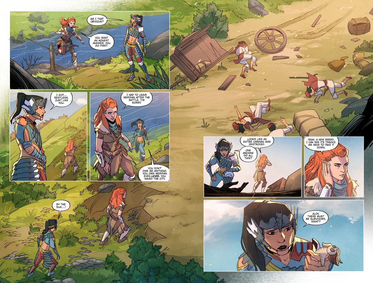 Una scena dopo battaglia in Horizon Zero Dawn # 1, Titan Comics (2020)