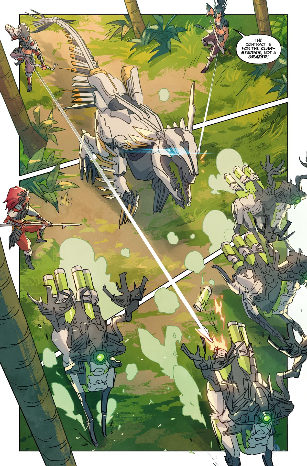 Un dinosauro dall'aspetto robotico che combatte contro altri animali meccanici in Horizon Zero Dawn # 1, Titan Comics (202)