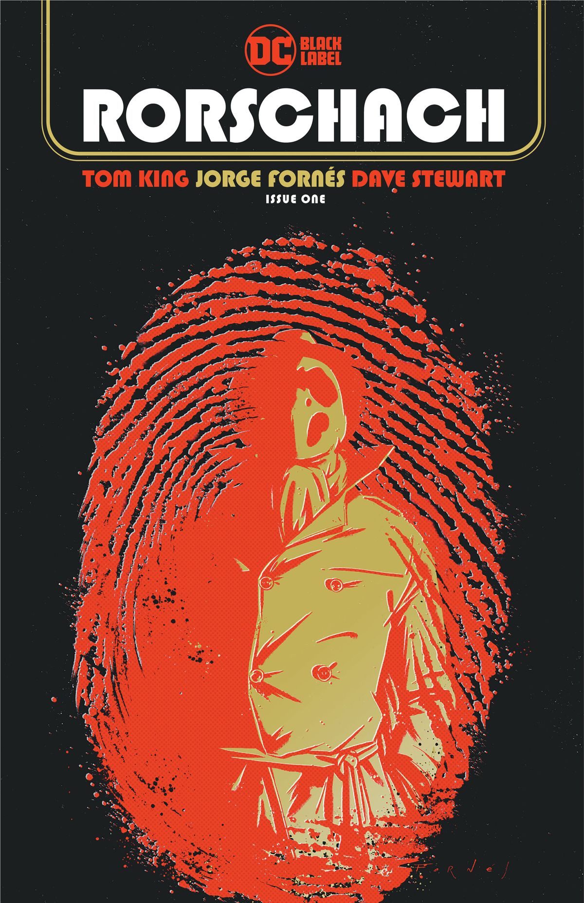 La copertina di Rorschach # 1 di DC Comics con Rorschach contro un'impronta digitale rosso sangue