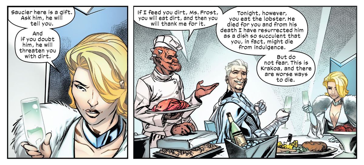 Emma Frost presenta Magneto al suo nuovo chef mutante, che ha preparato l'aragosta per il loro pasto, in Giant-Size X-Men: Magneto, Marvel Comics (2020).