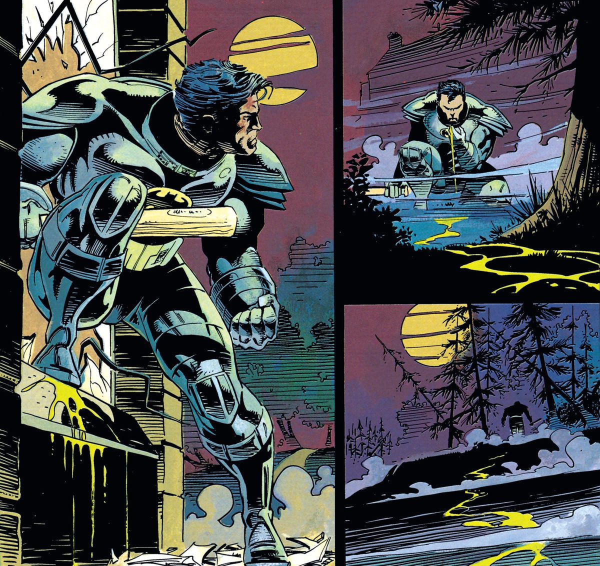 Fuori dal casco, un esagerato Batman esce da una finestra rotta al pianterreno di Wayne Manor in una notte illuminata solo da una luna gialla brillante. Mazza da baseball afferrata nella mano destra, esamina una scia di livido sangue giallo e la segue nel bosco in Batman vs. Predator # 3, DC Comics (1991).