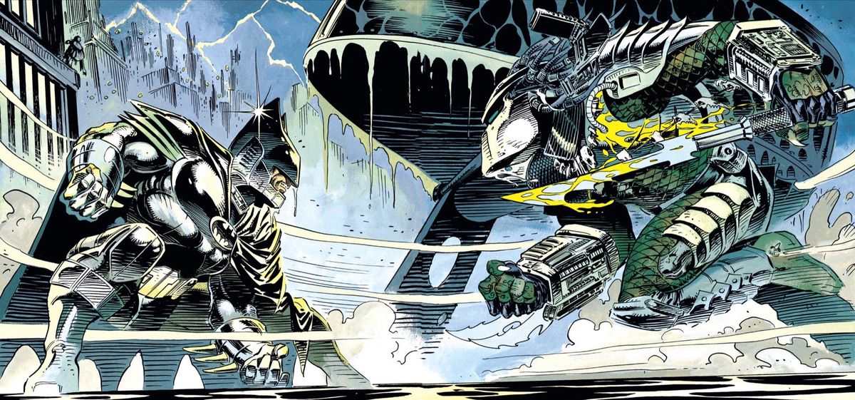 Un Batman vestito da exo si affronta contro un predatore che brandisce la sciabola all'ombra del segnale del pipistrello sul tetto del quartier generale della polizia di Gotham in Batman vs. Predator, DC Comics / Dark Horse Comics (1991).