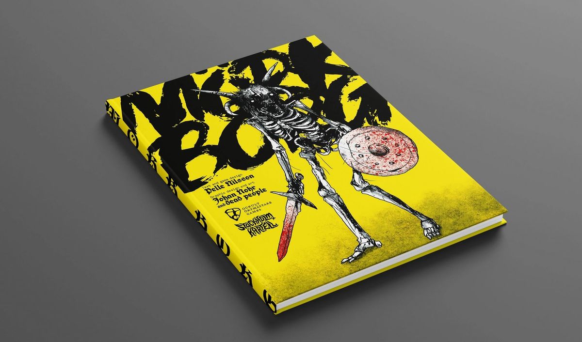 Uno scheletro, reso con inchiostro nero, su uno sfondo giallo.