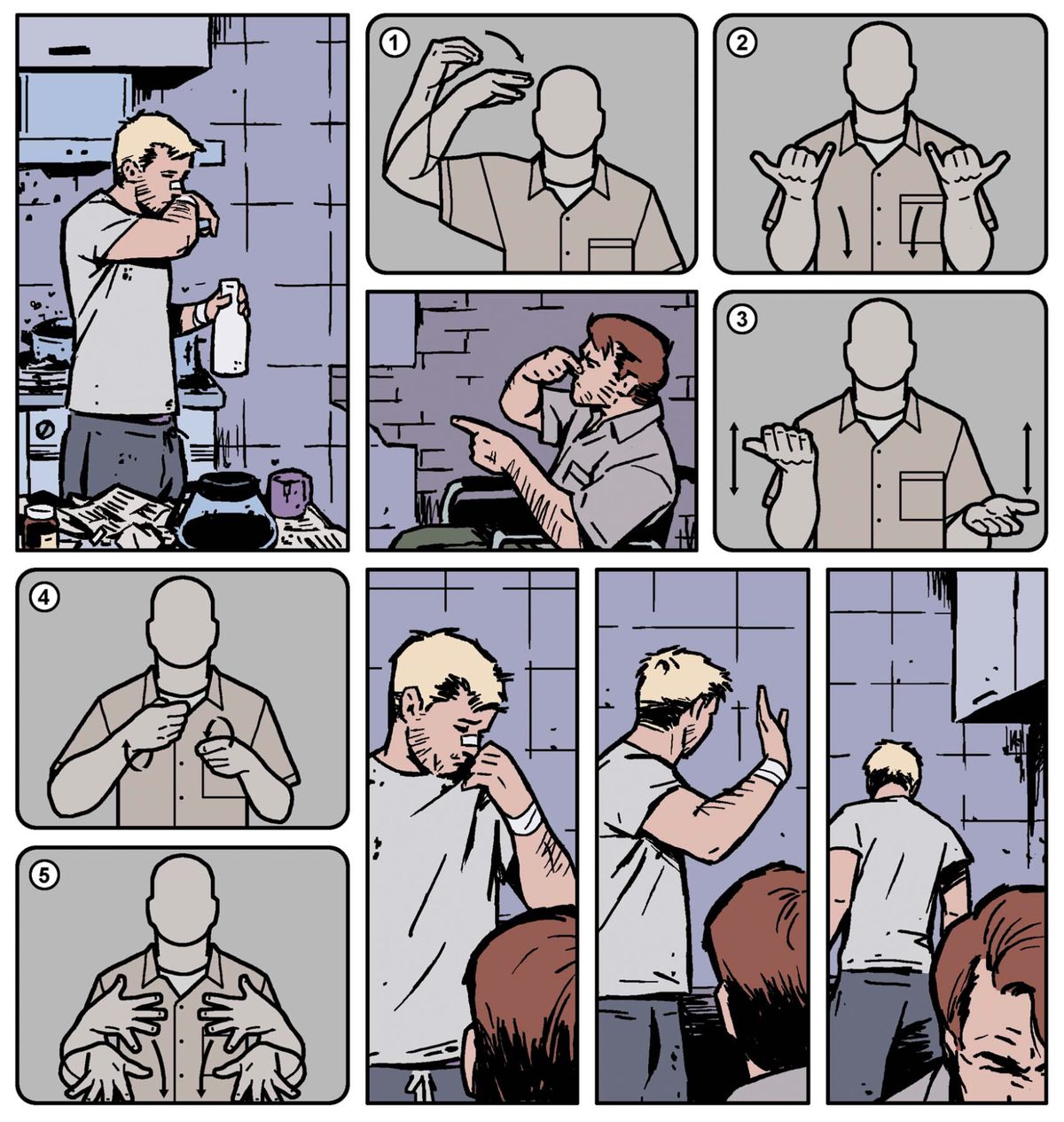 Hawkeye firma con suo fratello Barney, nella lingua dei segni americana in Hawkeye # 19, Marvel Comics (2014). 