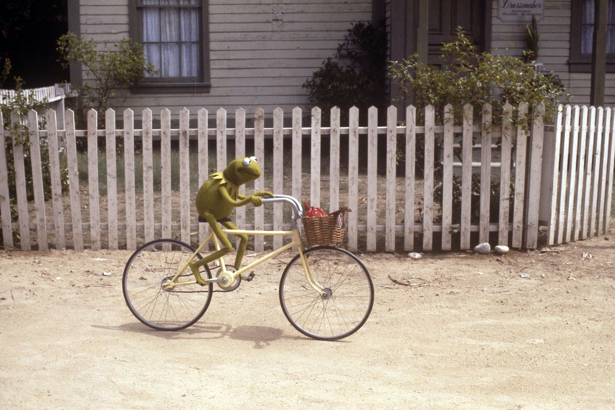 kermit in sella a una bicicletta