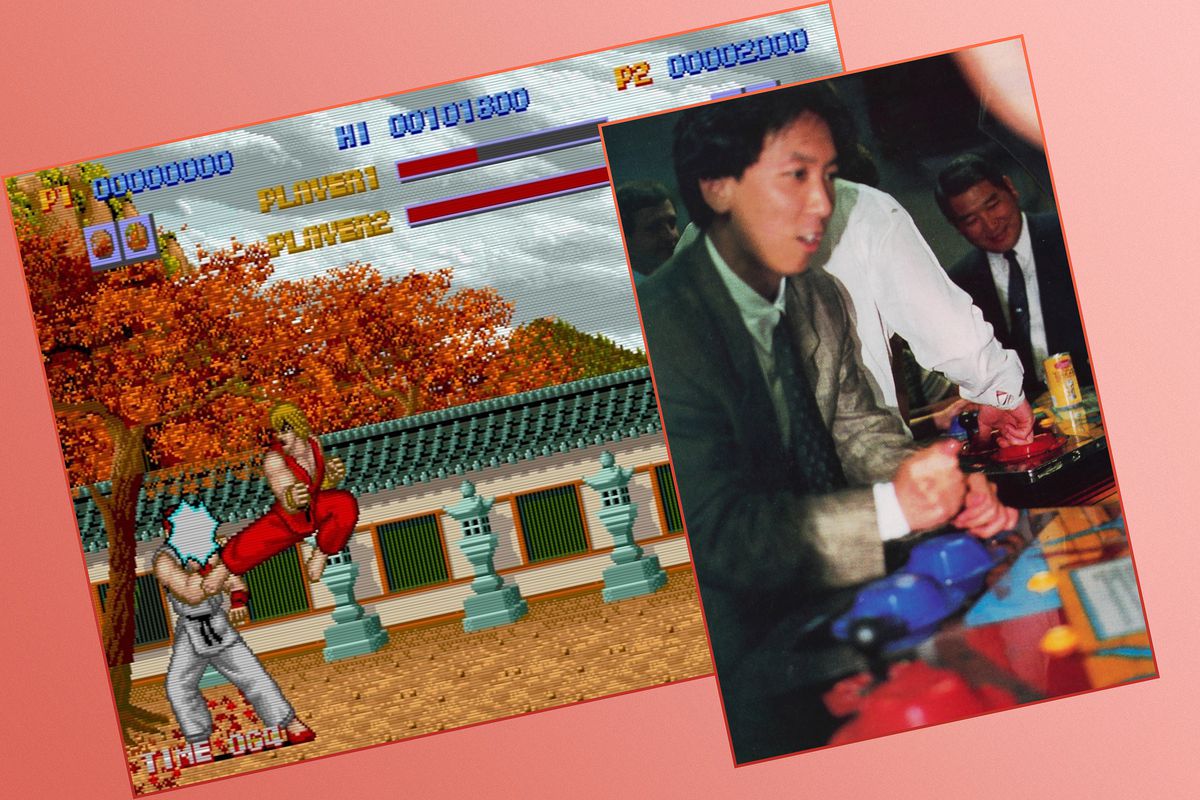 Griglia grafica con schermo del videogioco Street Fighter e immagine stampata dell'uomo che gioca una versione arcade del gioco originale