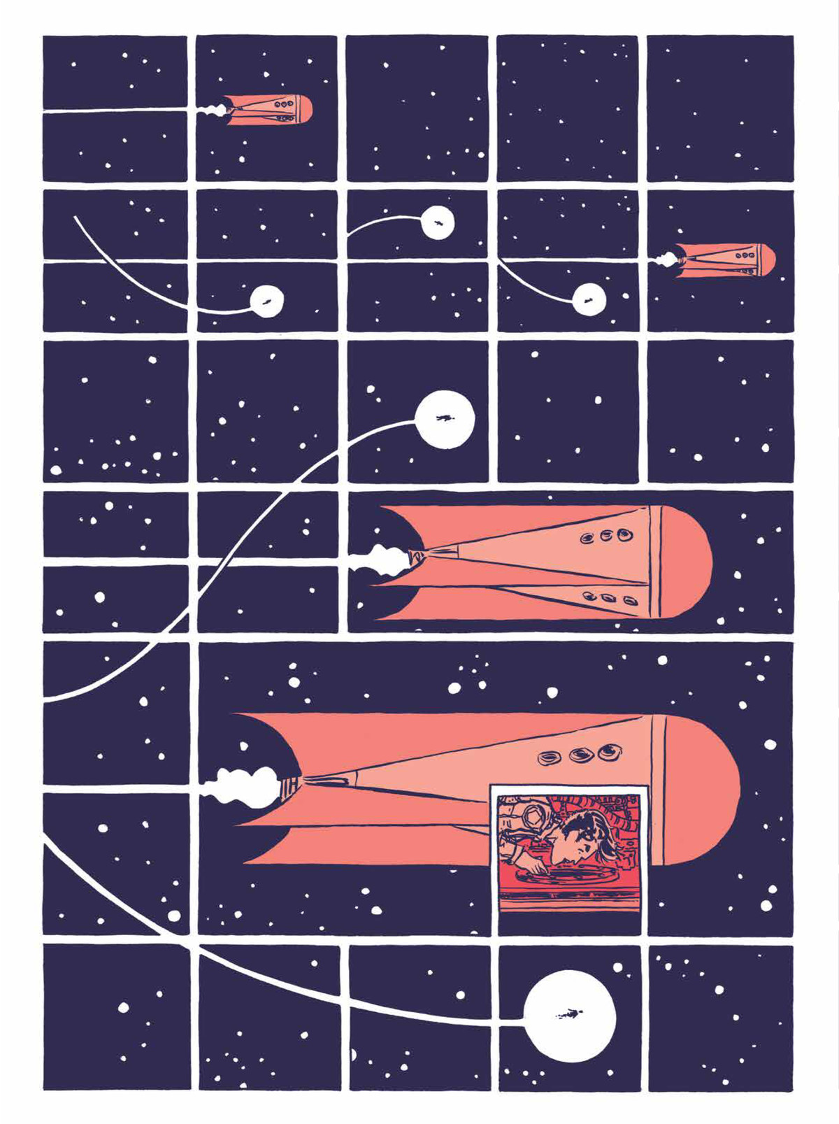 Una strana figura umana sfreccia attraverso lo spazio, seguendo una nave spaziale arancione, su una griglia di pannelli 5x7 a Hedra, Image Comics (2020). 