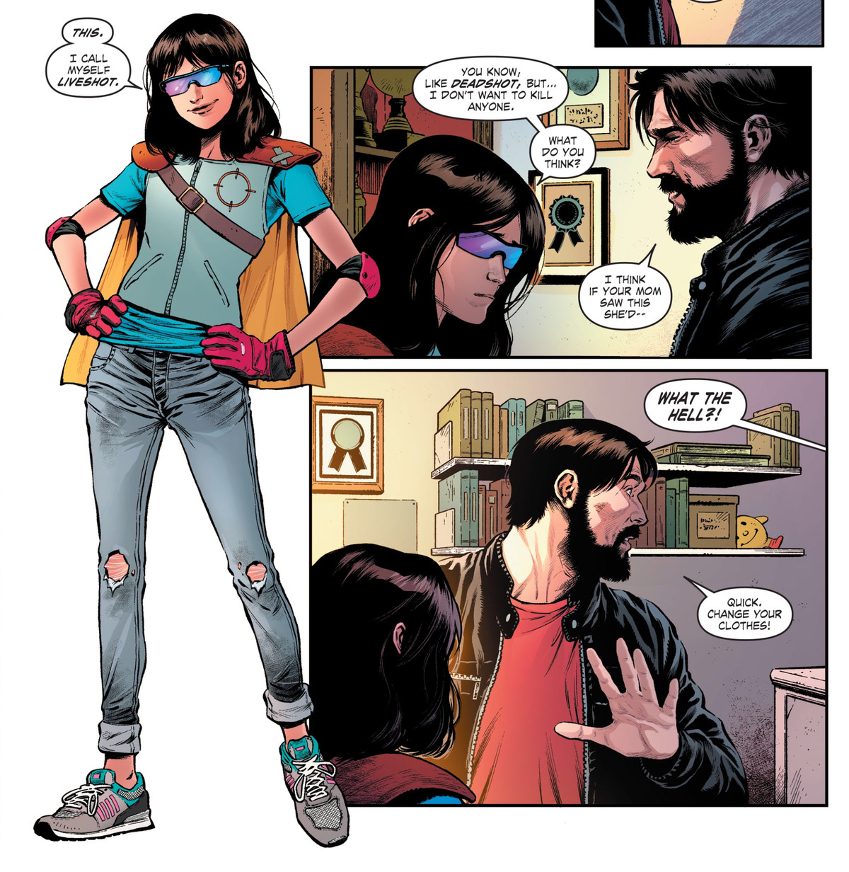 La figlia di Deadshot, Zoe, mostra il suo costume da supereroe fatto in casa nei panni di Liveshot, in Suicide Squad # 7, DC Comics (2020). 