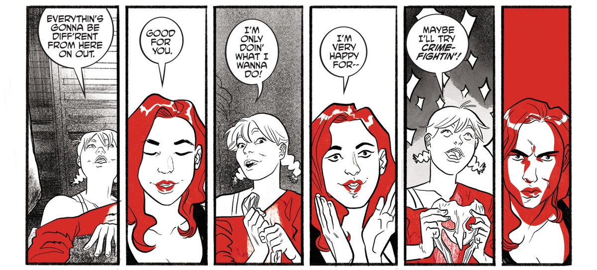 Poison Ivy è a bordo per la nuova missione di Harley Quinn di ritrovarsi senza il Joker, fino a quando Harley non suggerisce di provare a combattere il crimine invece che i crimini, in Harley Quinn Black + White + Red # 7, DC Comics (2020).