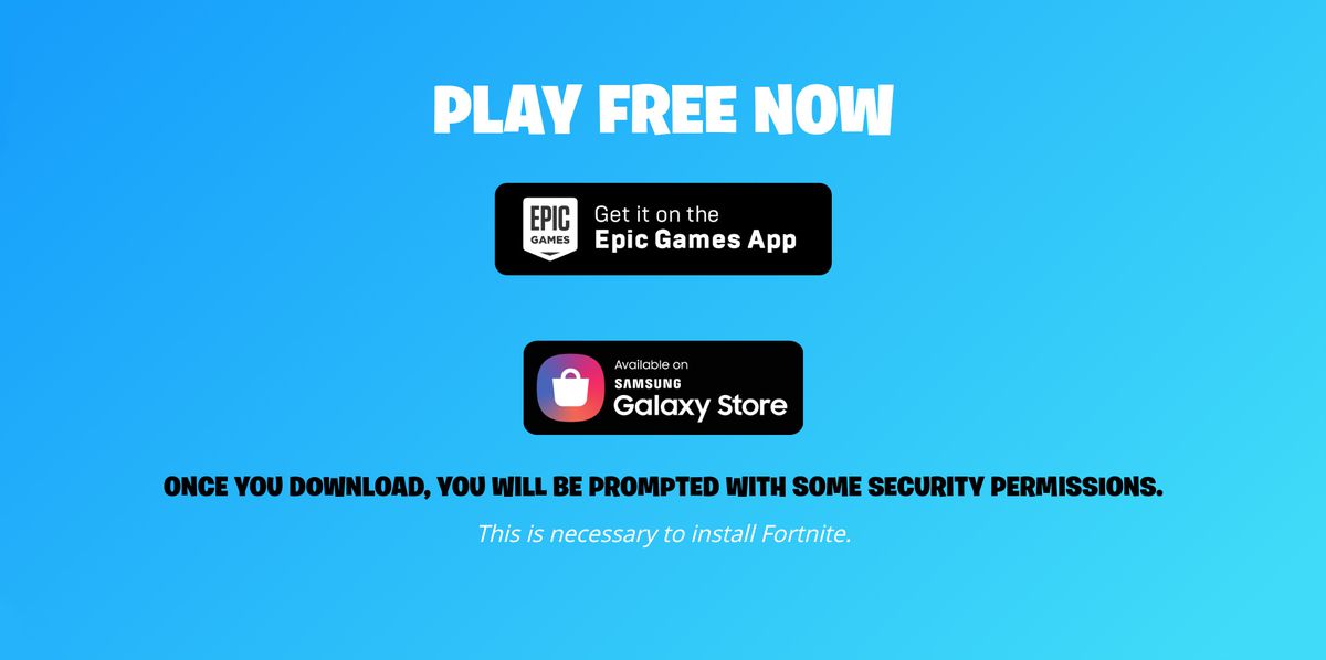 screenshot del sito Web di Fortnite con richieste di download, come visto su un telefono Android Samsung Galaxy S10