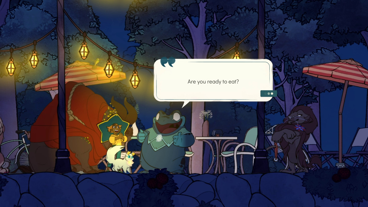 I personaggi - un essere umano, una rana, un leone e un bue - si riuniscono. La rana dice: