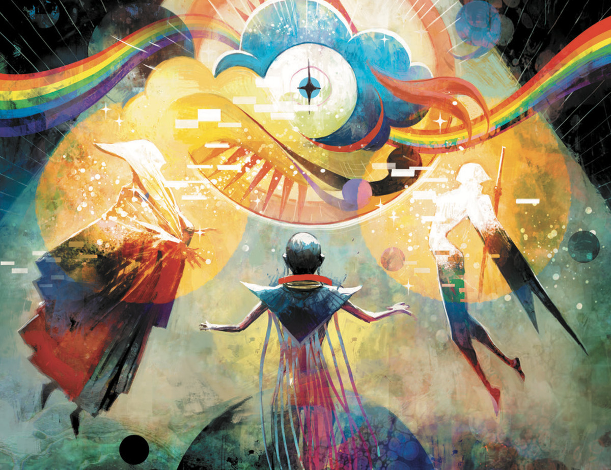 Tre figure si incontrano in un turbinio di colori arcobaleno, nuvole e luce pixelata in Decorum # 4, Image Comics (2020).