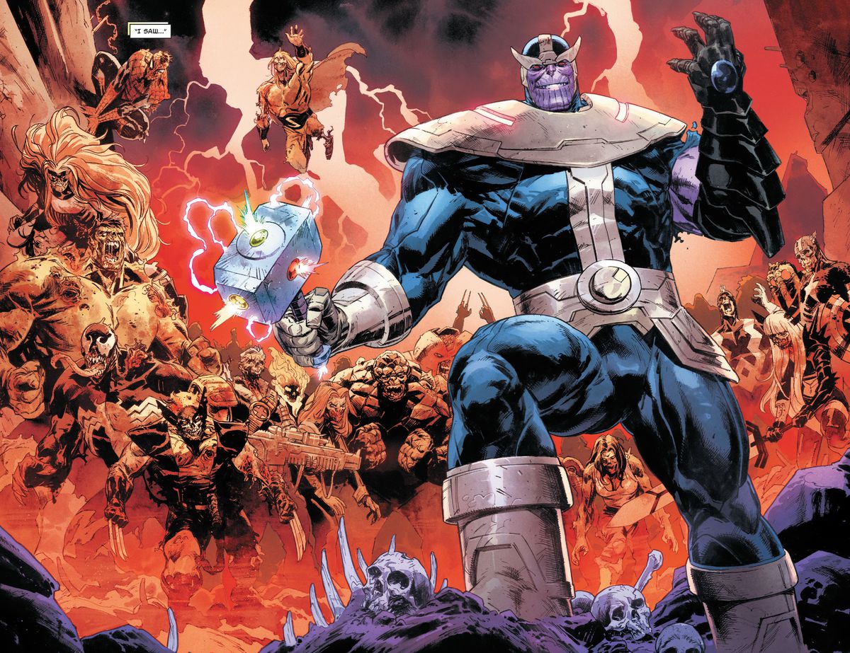 Supportato da un esercito di supereroi Marvel zombificati, Thanos brandisce un guanto nero con una singola gemma oscura al suo interno e Mjolnir, con le Gemme dell'Infinito ambientate in una visione in Thor # 6, Marvel Comics (2020).