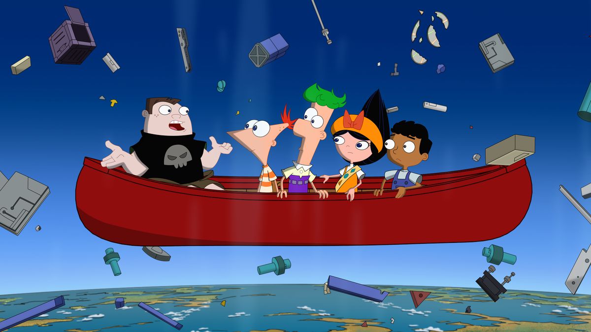 phineas, ferb e la banda in una canoa che cade dallo spazio
