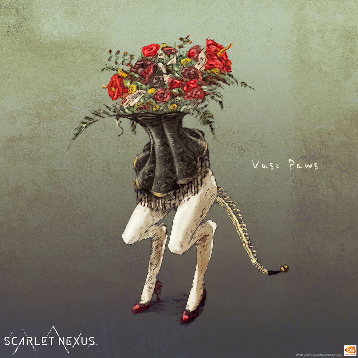 Concept art di un Altro mostro di Scarlet Nexus con fiori che spuntano da un corsetto, gambe di uccello, tacchi alti e una lunga coda che è tutta la spina dorsale esposta.