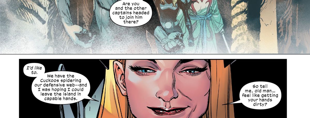 Magik chiede a Magneto, nudo e meditando, se vuole unirsi alla difesa di Krakoa.