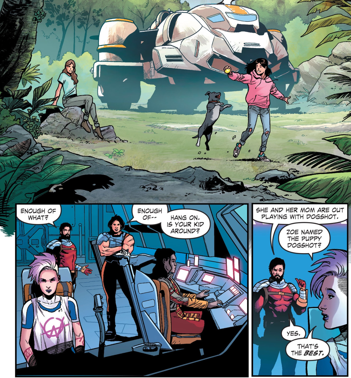 La figlia di Deadshot, Zoe, gioca con un cucciolo fuori dal jet della squadra.