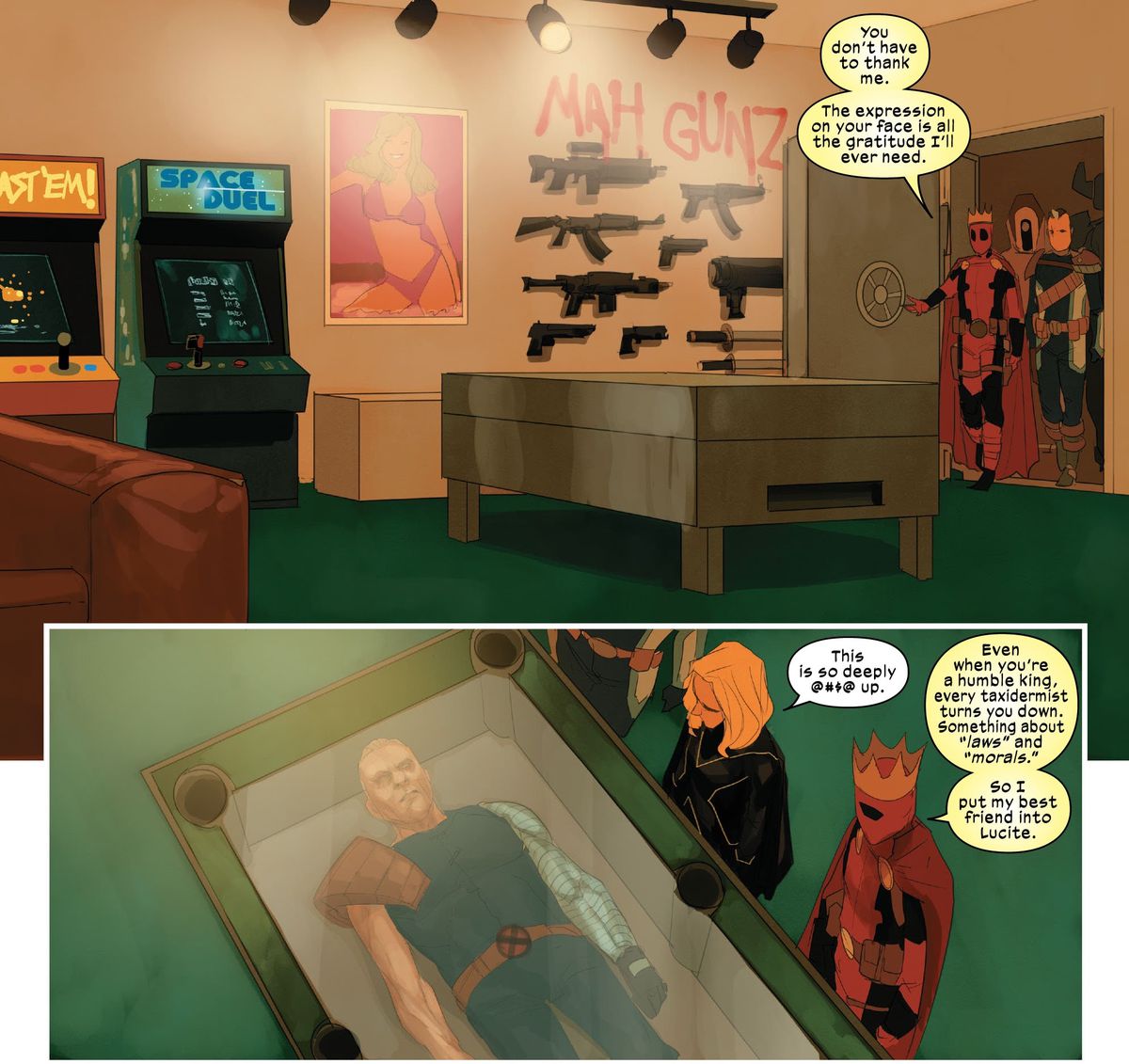 Deadpool mostra Teen Cable ed Esme Cuckoo nella sua caverna dell'uomo, dove ha sospeso il corpo di Old Cable in lucite per usarlo come tavolo da biliardo, in Cable # 3, Marvel Comics (2020).