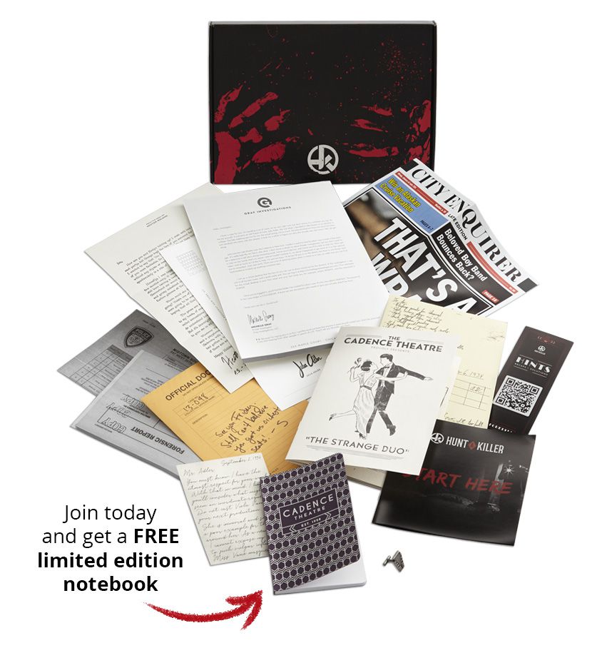 Una selezione di appunti, conti di gioco e giornali tratti da un caso di omicidio fittizio