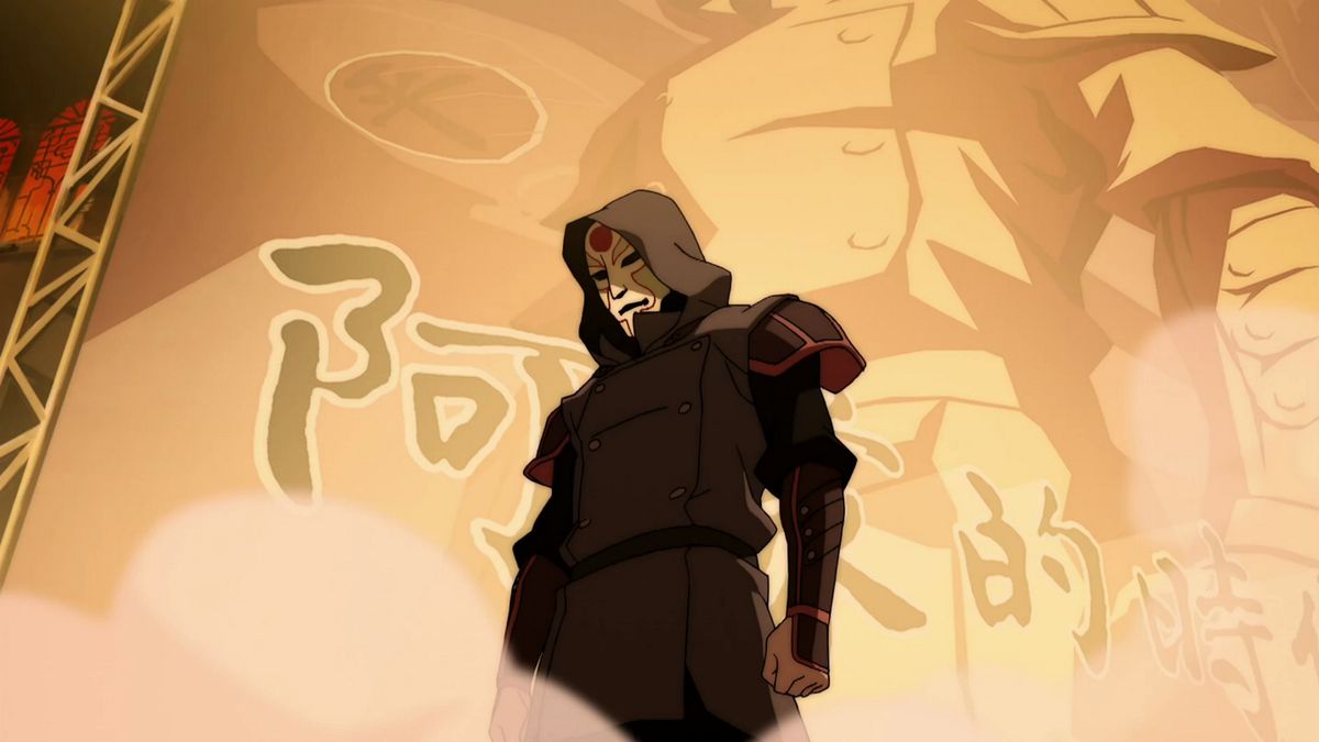 amon in piedi davanti a un poster di rally di amon nella leggenda di korra, libro 1, fine dei giochi