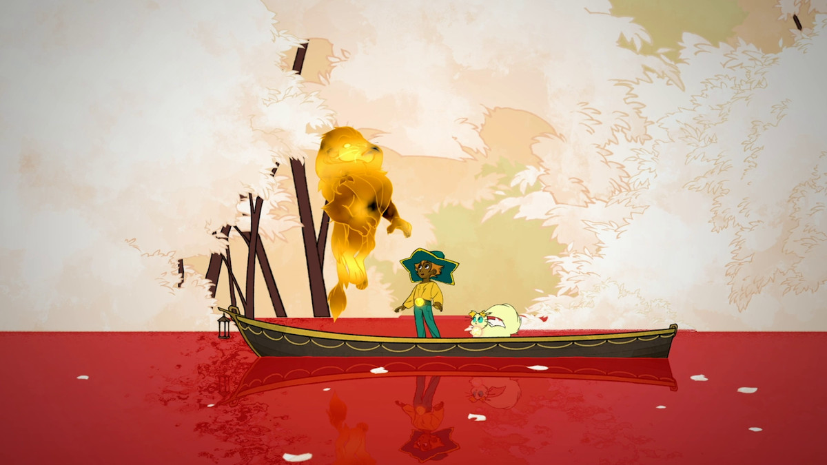 un leone si trasforma in uno spirito leggero negli inferi su una barca