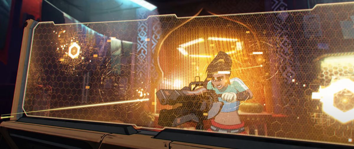 Rampart di Apex Legends usando la sua torretta con il suo scudo gigante