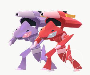 Shiny Genesect in piedi accanto alla sua forma normale. Shiny Genesect è rosso invece che viola.