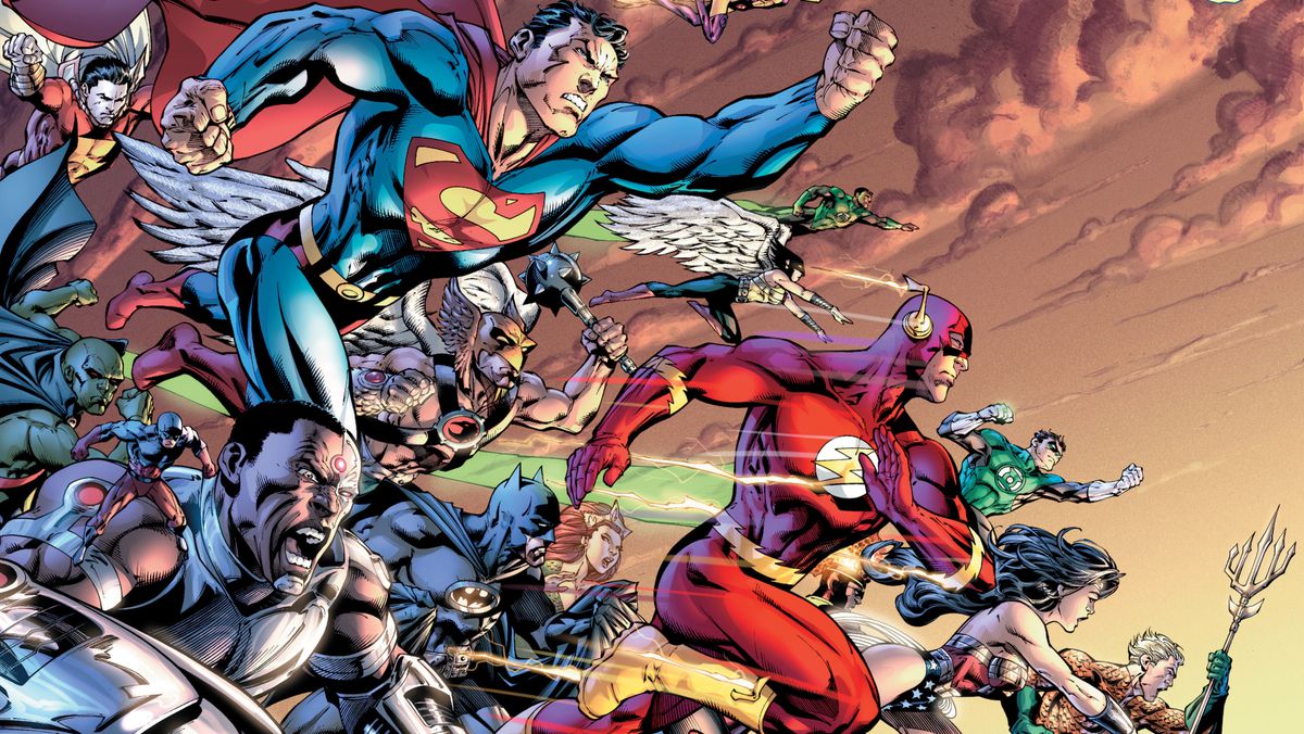 La Justice League e altri supereroi della DC Comics si lanciano in battaglia con Flash in primo piano in Flashpoint, DC Comics (2011).