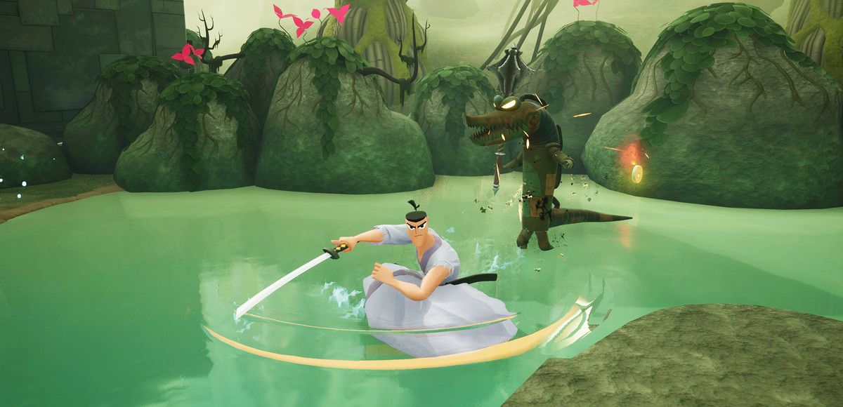 jack samurai taglia un robot alligatore