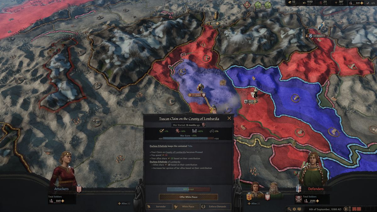 Il punteggio di guerra รจ bloccato al 75% mentre un imponente esercito scende dal nord in Crusader Kings 3