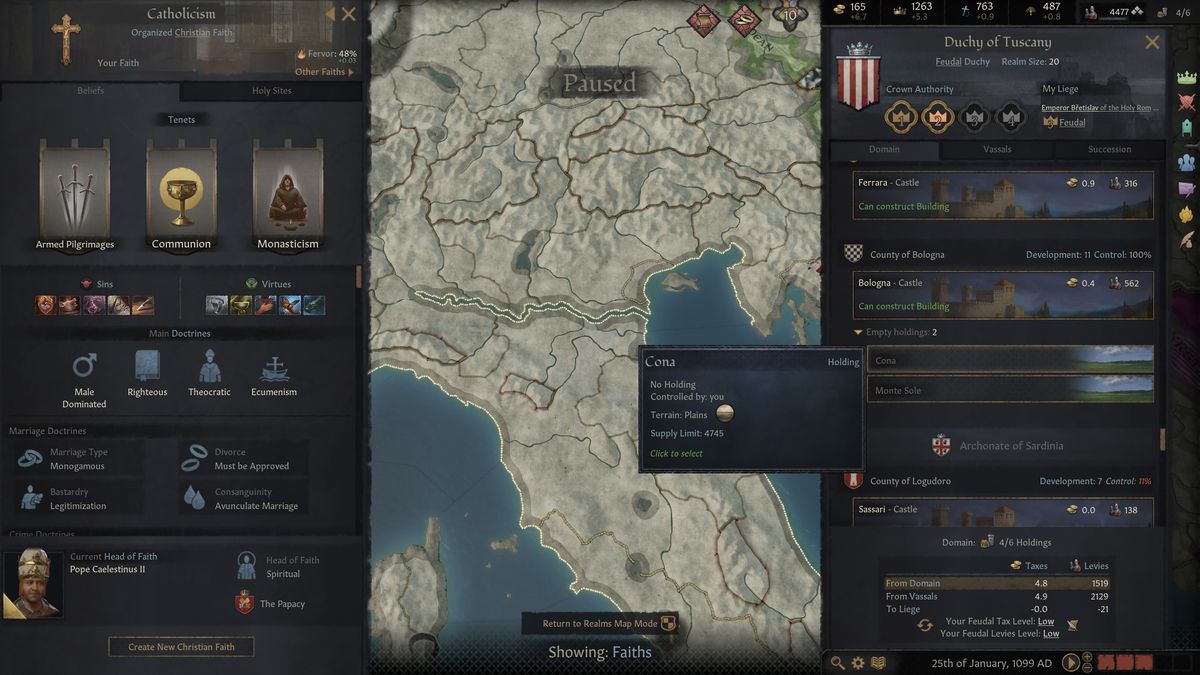 I principi del cattolicesimo, come descritto nel gioco, includono pellegrini armati, comunione e monachesimo.