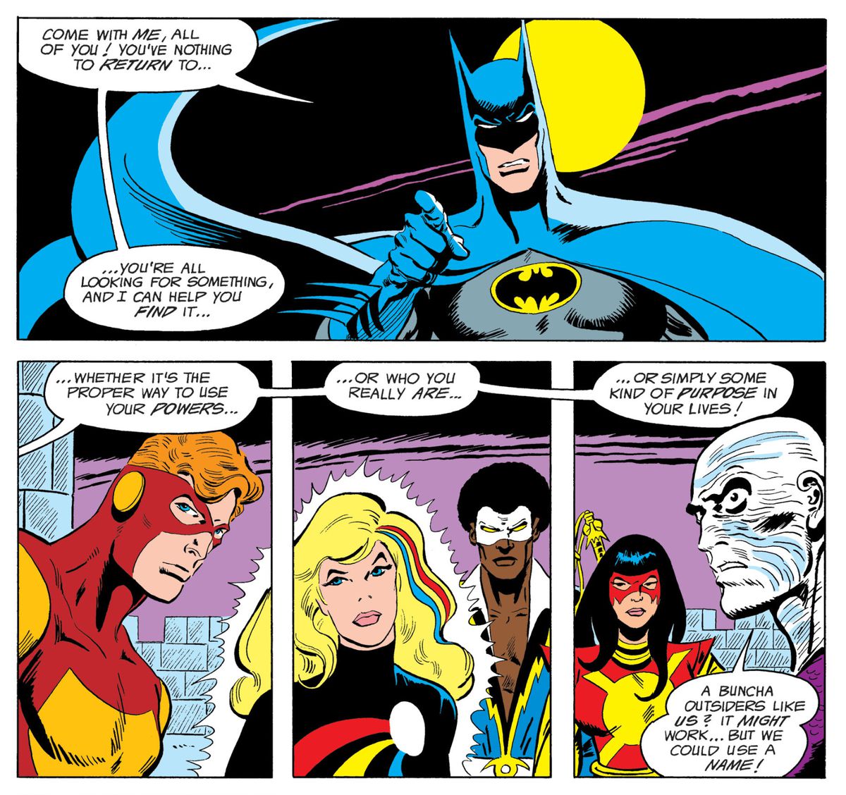 Se gli Outsiders - Geo-Force, Halo, Black Lightning, Katana e Metamorpho - stanno cercando il modo corretto di usare i loro poteri, chi sono veramente, o