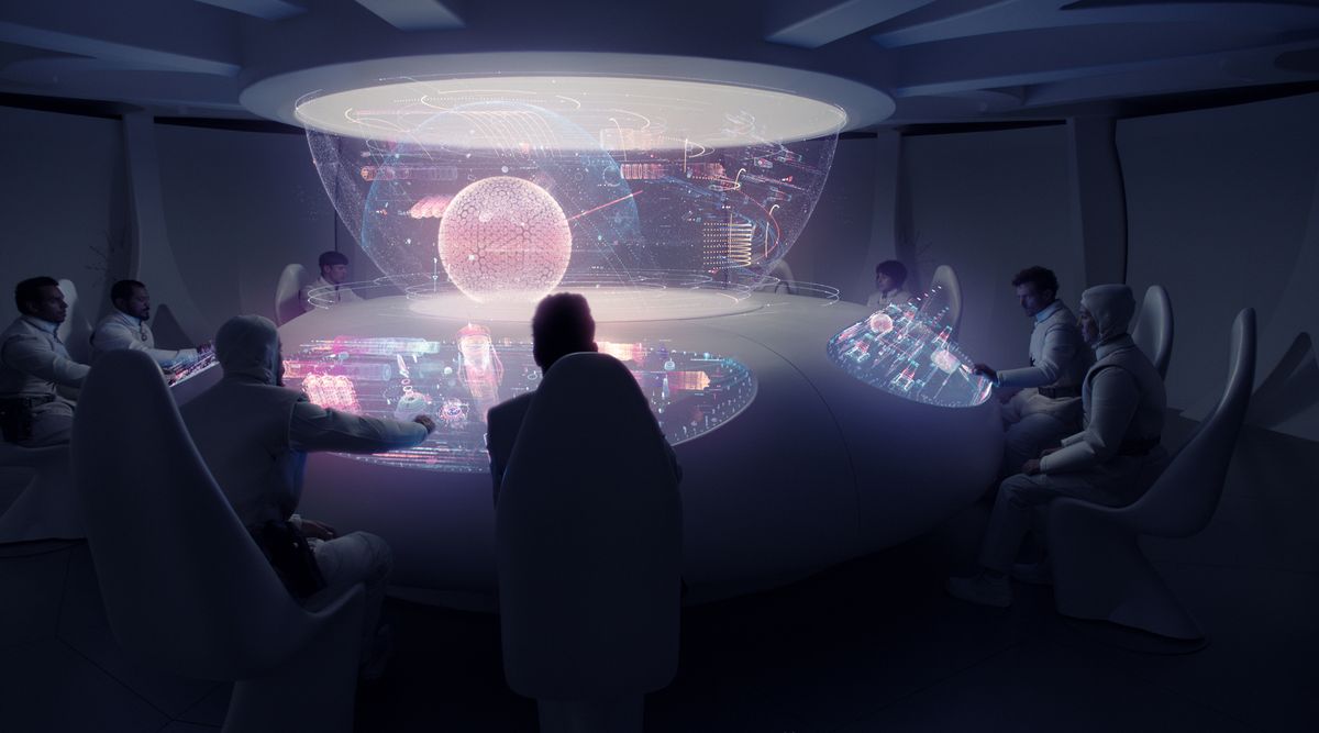 Un gruppo di persone si siede in una stanza buia circondato da display AR al neon virtuali high-tech in Raised By Wolves.