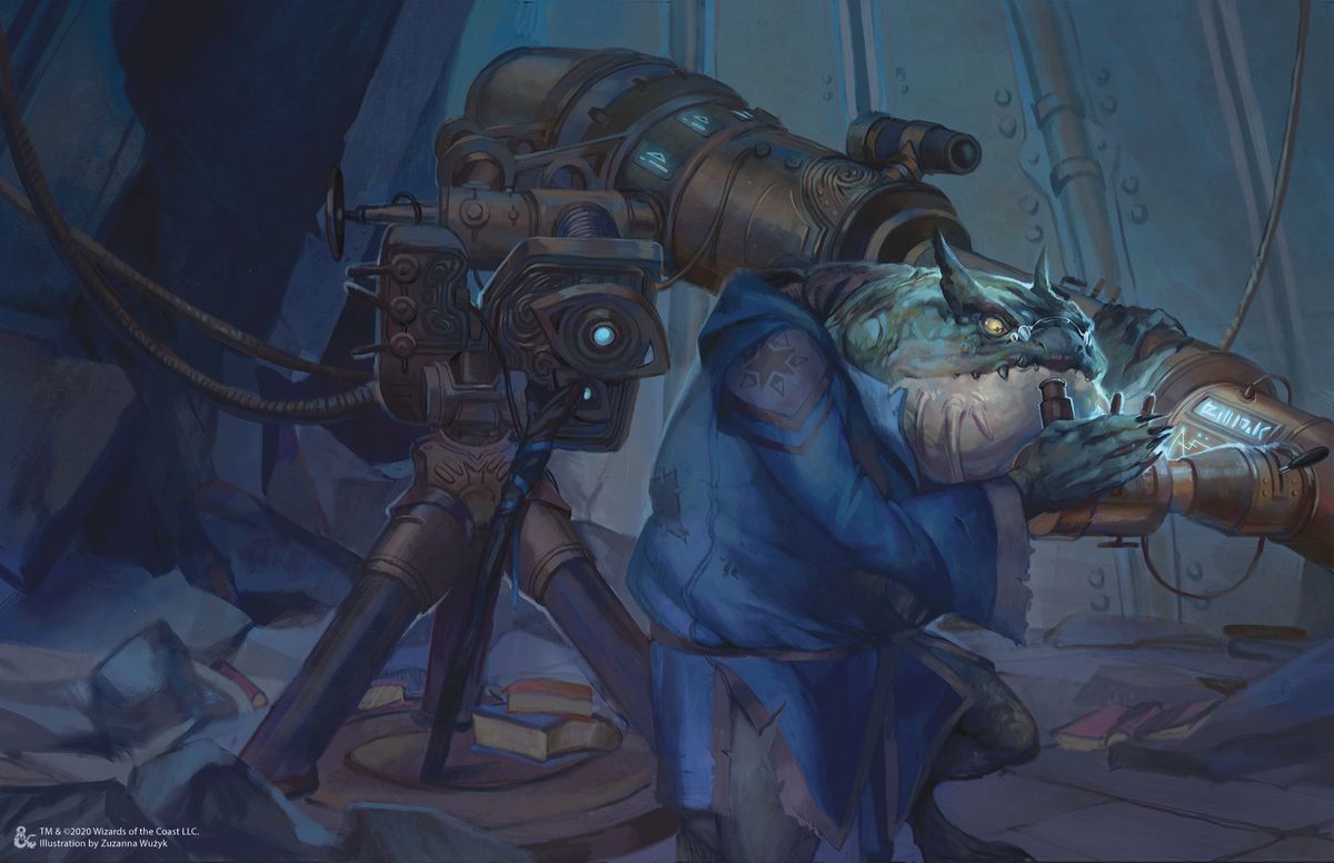 Uno slaad verde scruta attraverso un telescopio.