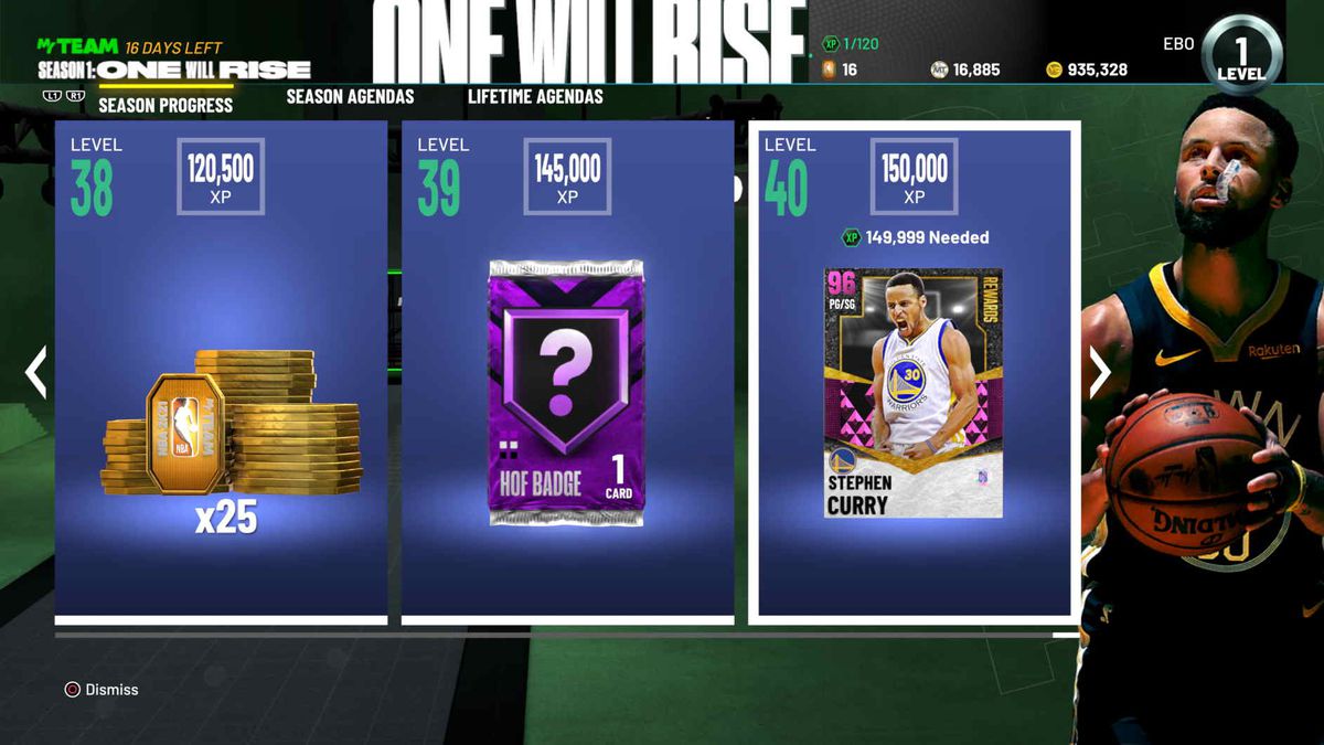 Schermata che mostra i premi per la prima stagione di contenuti in MyTeam di NBA 2K21