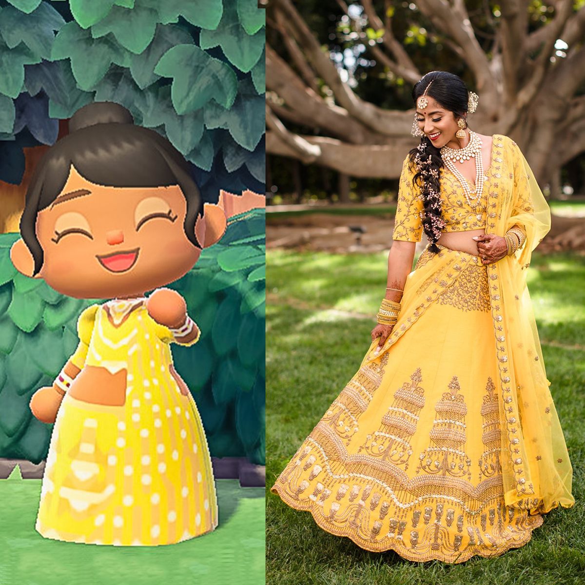 un'immagine a due pannelli con, a destra, una foto di una donna nel suo lehenga da matrimonio giallo, ea sinistra, uno screenshot di Animal Crossing: New Horizons che mostra il suo personaggio in una versione personalizzata dello stesso vestito