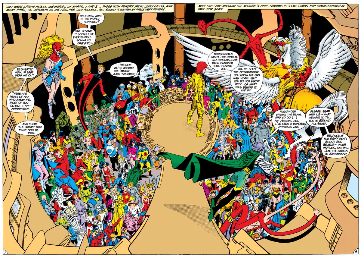 Dozens upon dozens of heroes assemble in Harbinger’s space ship in Crisis on Infinite Earths, DC Comics (1985).