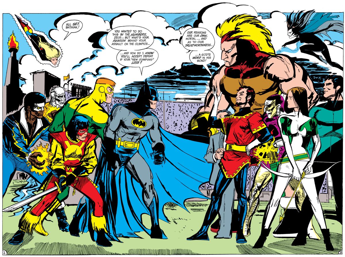 Batman and the Outsiders face off against Maxie Zeus and his New Olympians in Batman and the Outsiders #15, DC Comics (1984).