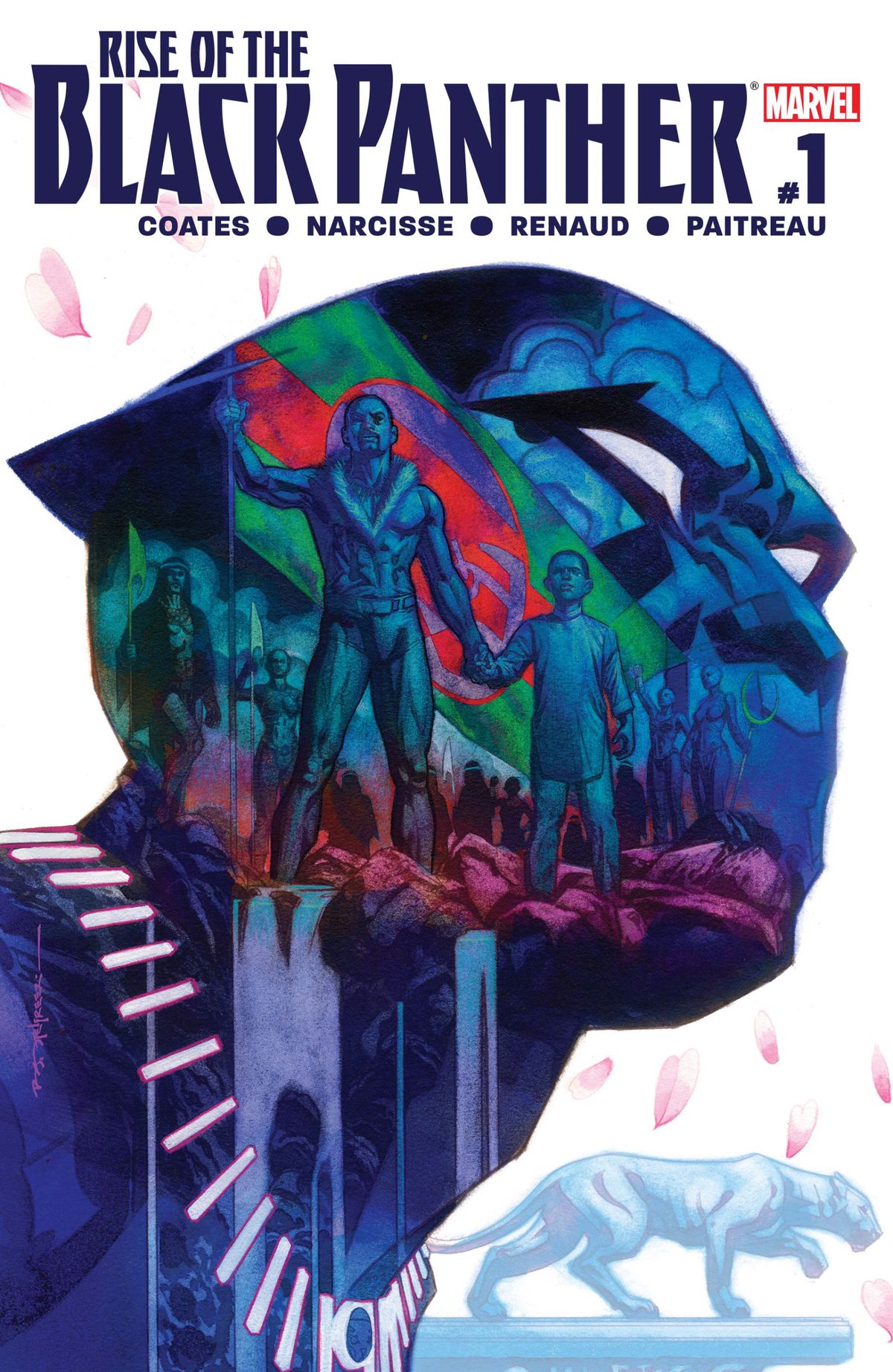King T’chaka and prince T’challa stand on a waterfall, an image imposed over a silhouette of the head and shoulders of the Black Panther, on the cover of Rise of the Black Panther #1, Marvel Comics (2018).