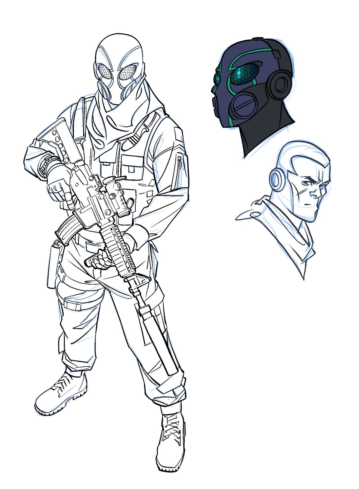 An equipped special operative in a strange full face mask, carrying a sniper rifle, in concept art from Thomas River.