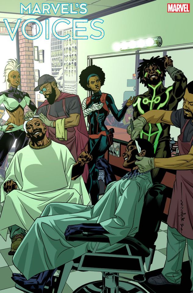Storm, Misty Knight, Manifold, Luke Cage, and Black Panther hang out in a barber shop together in a variant cover for Marvel’s Voices #1, Marvel Comics (2020).