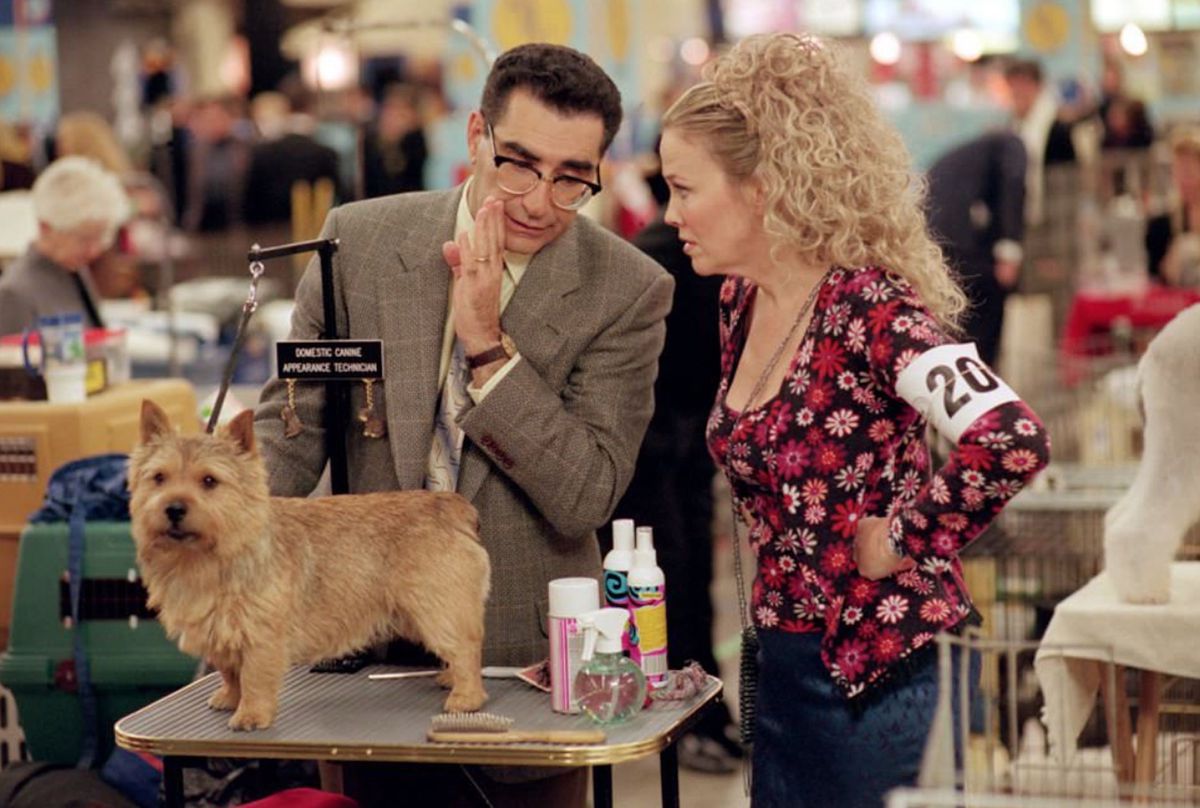 Eugene Levy sussurra qualcosa a Catherine O'Hara mentre cura un cagnolino