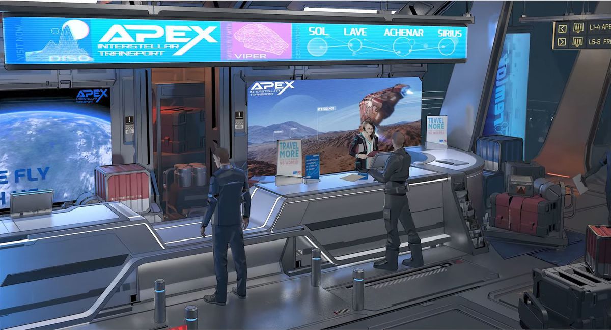 Un giocatore è in piedi alla biglietteria, con i bagagli sparsi qua e là.