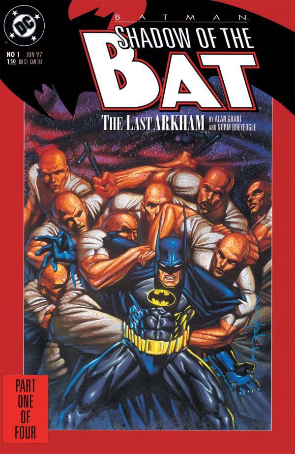 Batman struggles against the arms of a horde of interchangable orderlies on the cover of Shadow of the Bat #1, DC Comics (1992).