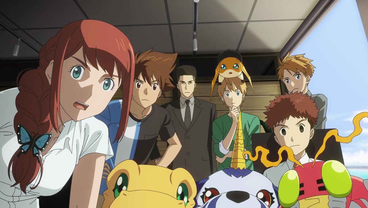 Il cast di Digimon, umani e Digimon insieme, si riuniscono tutti intorno per fissare la telecamera